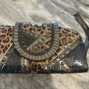 Buckle Leopard and Silver Studded Clutch